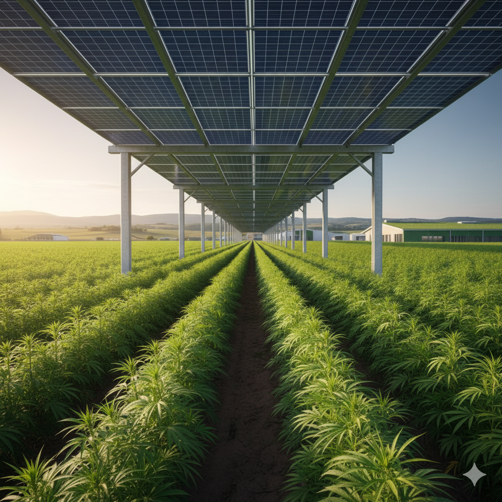 Industrial hemp farm with elevated solar infrastructure